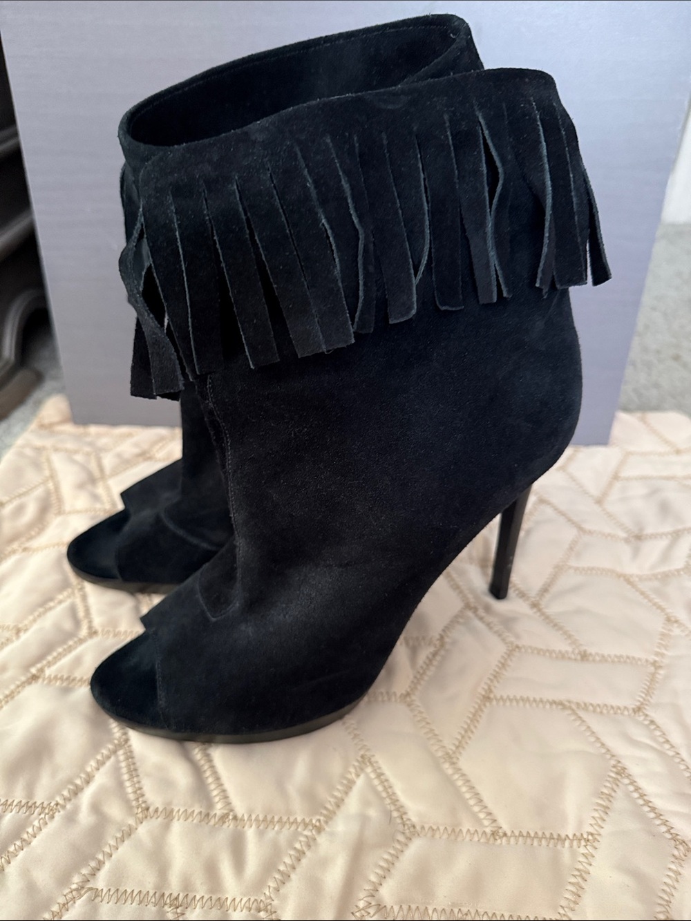 Burberry Black Suede Fringe Peep-Toe Stiletto Ankle Boots